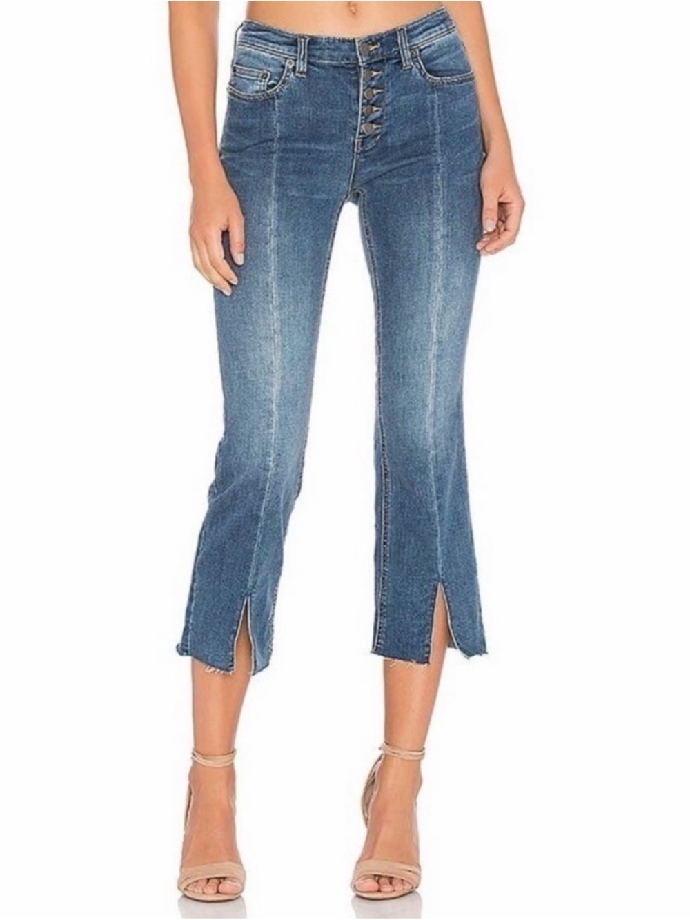 Free People Washed Blue Split-Hem Cropped Jeans